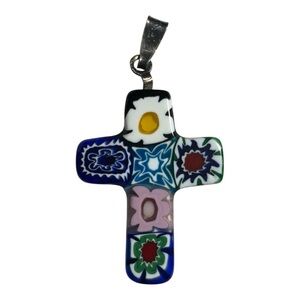 Millefiori Murano Glass Cross‎ Pendant with Sterling Silver Bail – Made in Italy